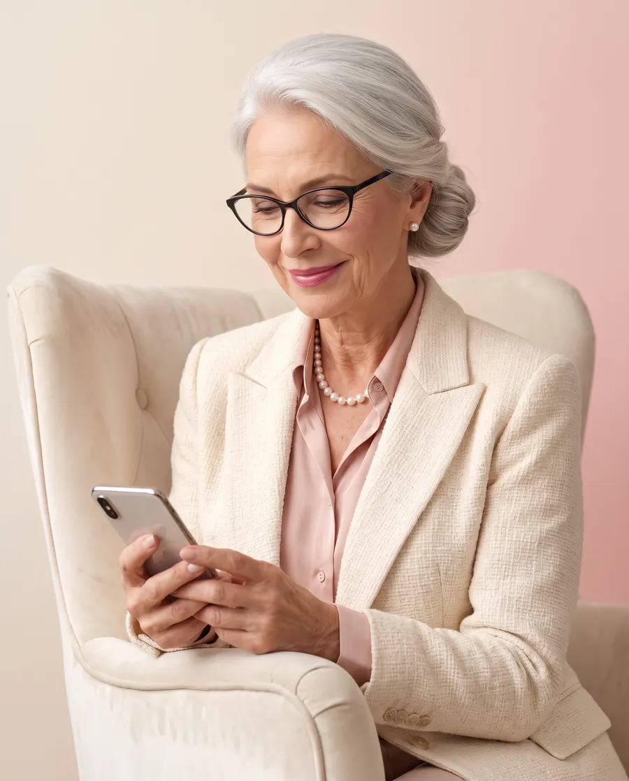 A Madame conferindo um achado no celular